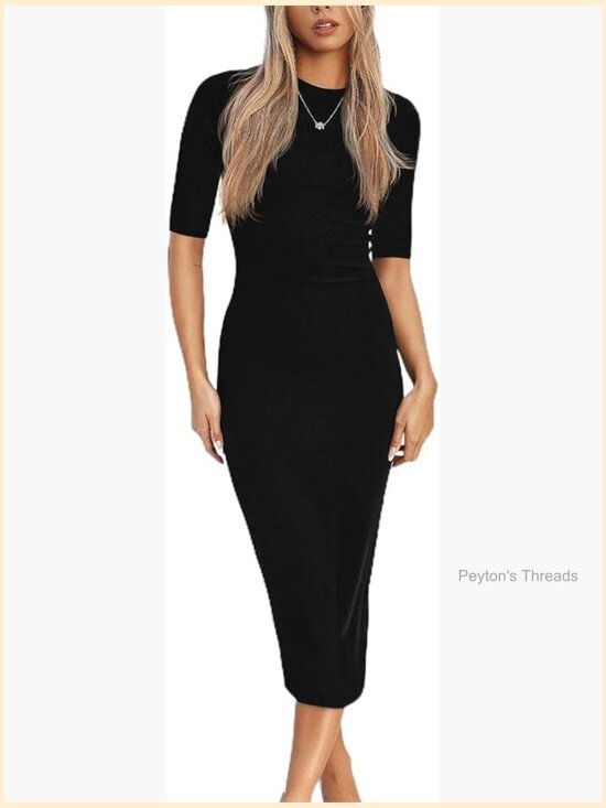 Dresses & Skirts - Women's Spring Midi Bodycon Dress 3/4 Long Sleeve Crewneck Ribbed Knit Fitted
